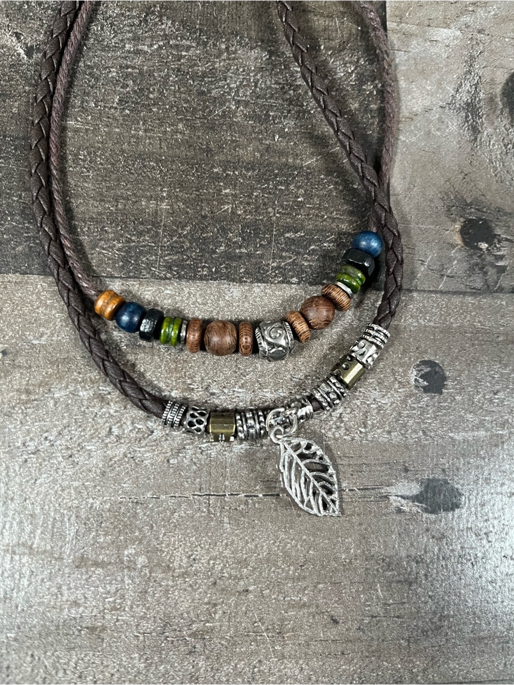 Set of 3 Boho Style Necklaces Peace Sign, Purple Crystal & 2 Tier Beaded Leaf - Picture 4 of 6